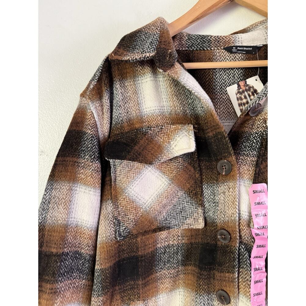 NWT Members Mark Brown Plaid Button Front Oversized Fleece Shacket Womens Small - Picture 3 of 6